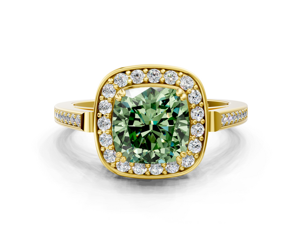 Yellow gold Fancy Green Cushion Cut Diamond Halo Ring with Split Shank and Four-Prong Setting