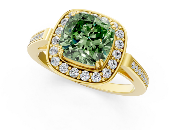Yellow gold Fancy Green Cushion Cut Diamond Halo Ring with Split Shank and Four-Prong Setting