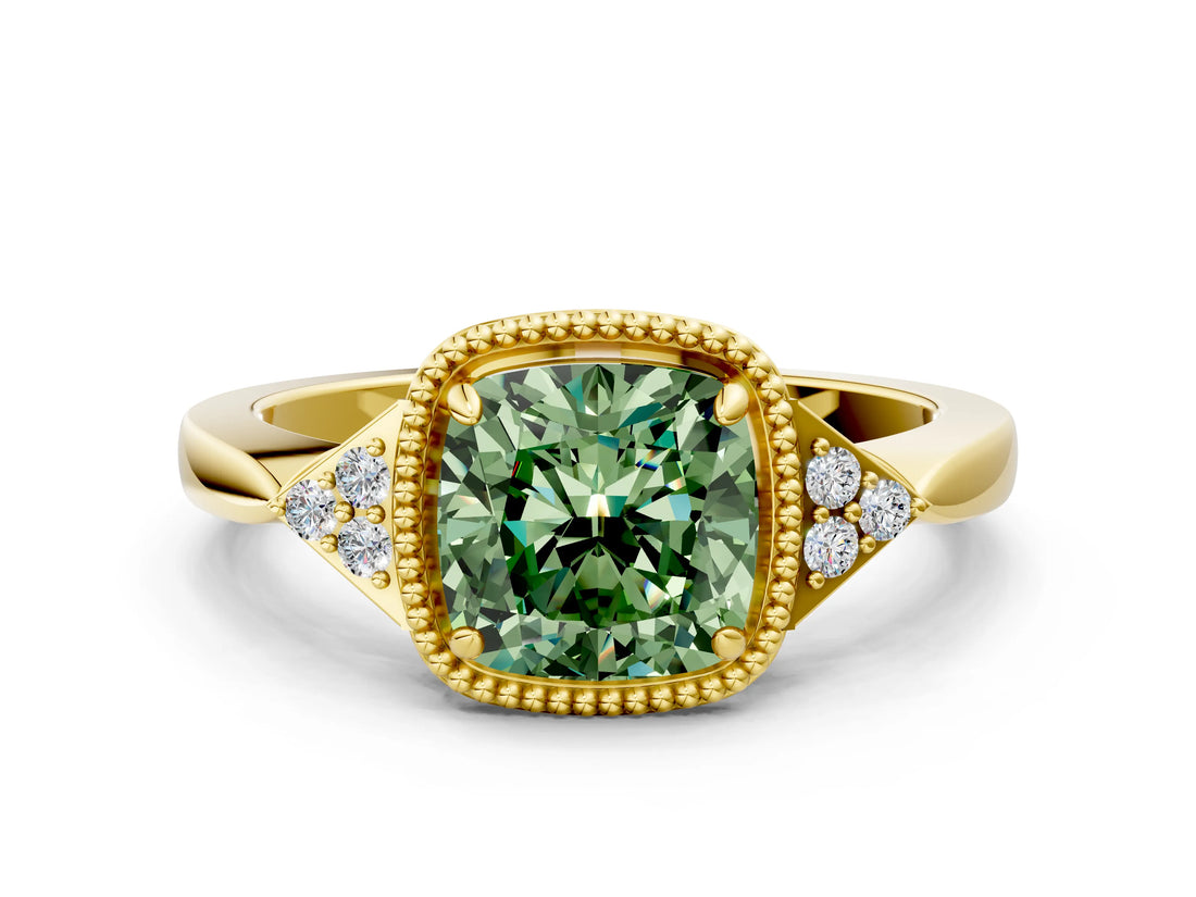 Yellow gold Fancy Green Cushion  Halo Diamond Ring with Tapered Band and Four-Prong Setting_7