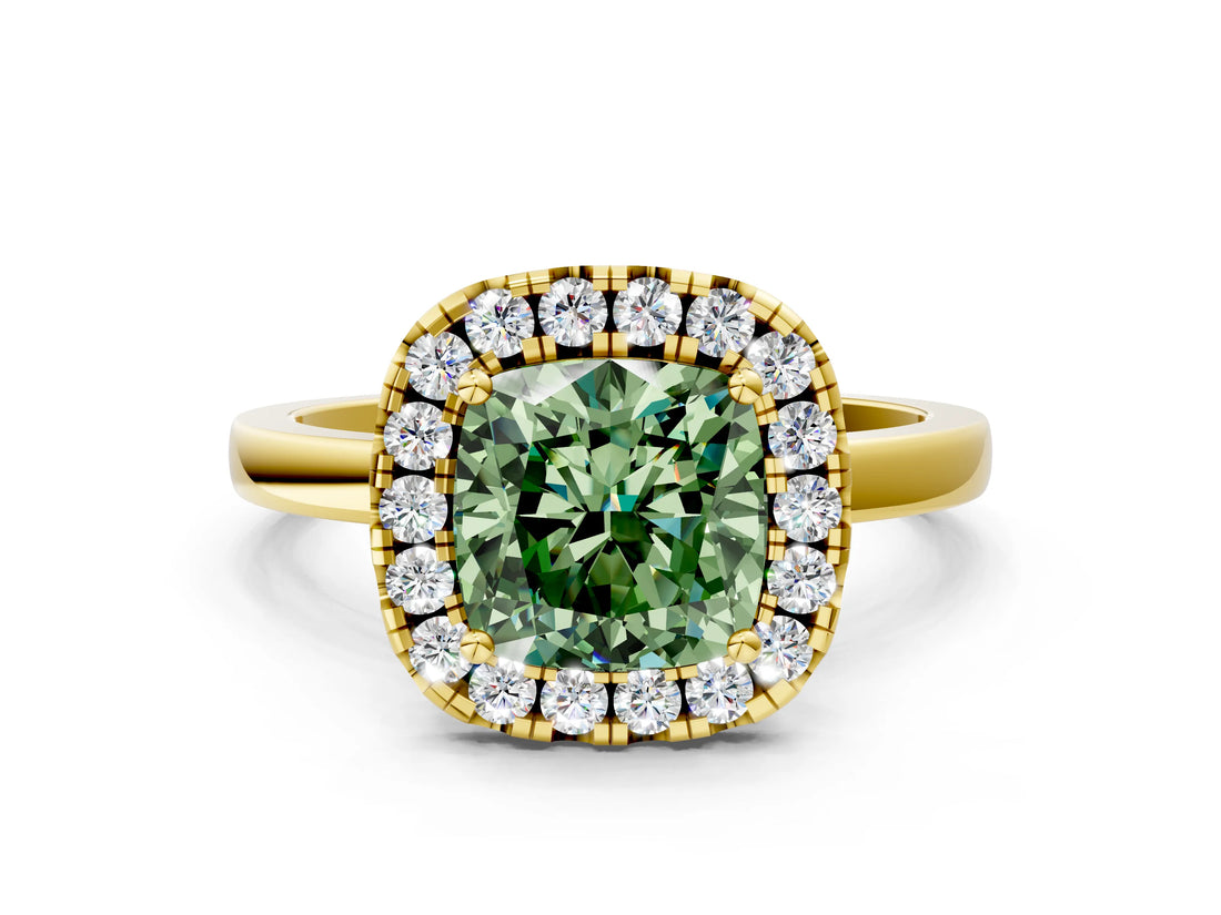 Yellow gold Fancy Green Cushion  Halo Diamond Solitaire with Pavé Band and Four-Prong Setting_114
