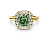 Yellow gold Fancy Green Cushion  Halo Diamond Solitaire with Pavé Band and Four-Prong Setting_114