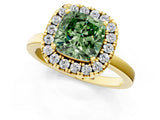 Yellow gold Fancy Green Cushion  Halo Diamond Solitaire with Pavé Band and Four-Prong Setting_115