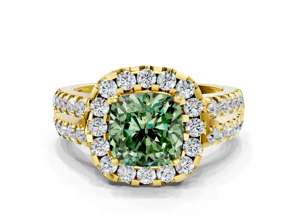 Yellow gold Fancy Green Cushion  Halo Diamond Split Shank Engagement Ring with Prong Setting