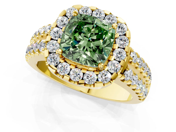 Yellow gold Fancy Green Cushion  Halo Diamond Split Shank Engagement Ring with Prong Setting
