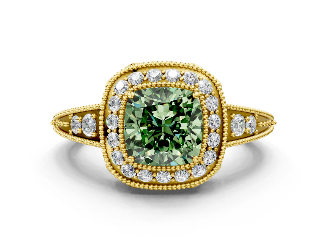 Yellow gold Fancy Green Cushion  Halo Diamond Split Shank Ring with Milgrain Detail_49