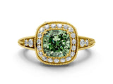Yellow gold Fancy Green Cushion  Halo Diamond Split Shank Ring with Milgrain Detail_49