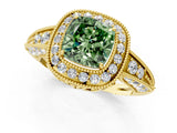 Yellow gold Fancy Green Cushion  Halo Diamond Split Shank Ring with Milgrain Detail_50