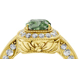 Yellow gold Fancy Green Cushion  Halo Diamond Split Shank Ring with Milgrain Detail_53