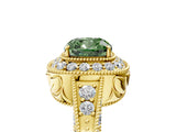 Yellow gold Fancy Green Cushion  Halo Diamond Split Shank Ring with Milgrain Detail_54