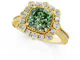 Yellow gold Fancy Green Cushion  Halo Milgrain Pave Diamond Ring with Four-Prong Setting 1