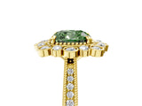 Yellow gold Fancy Green Cushion  Halo Milgrain Pave Diamond Ring with Four-Prong Setting 5
