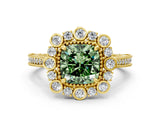 Yellow gold Fancy Green Cushion  Halo Milgrain Pave Diamond Ring with Four-Prong Setting