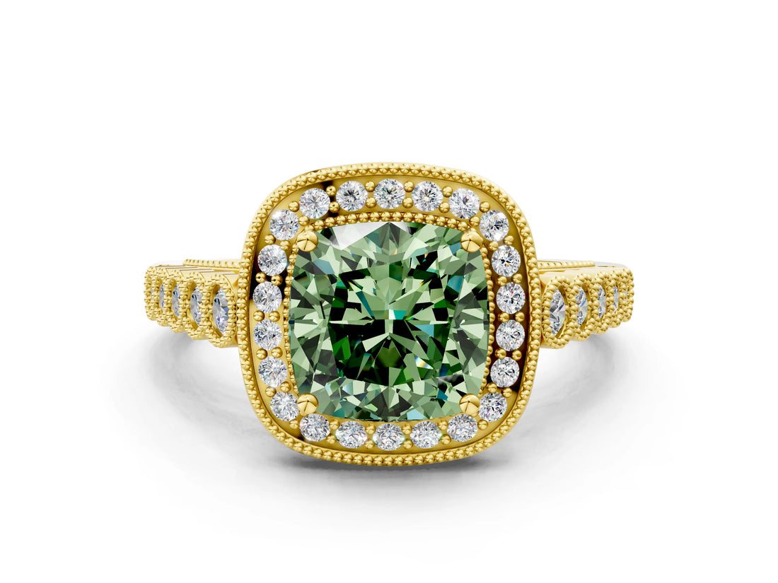 Yellow gold Fancy Green Cushion  Halo Milgrain Solitaire with Bezel Set Side Stones and Pave Band_32