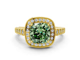 Yellow gold Fancy Green Cushion  Halo Milgrain Solitaire with Bezel Set Side Stones and Pave Band_32