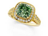 Yellow gold Fancy Green Cushion  Halo Milgrain Solitaire with Bezel Set Side Stones and Pave Band_33