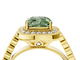 Yellow gold Fancy Green Cushion  Halo Milgrain Solitaire with Bezel Set Side Stones and Pave Band_36