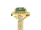 Yellow gold Fancy Green Cushion  Halo Milgrain Solitaire with Bezel Set Side Stones and Pave Band_37