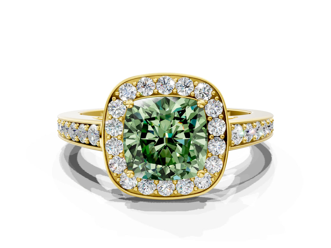 Yellow gold Fancy Green Cushion  Halo Pavé Diamond Engagement Ring with Bezel Setting_37