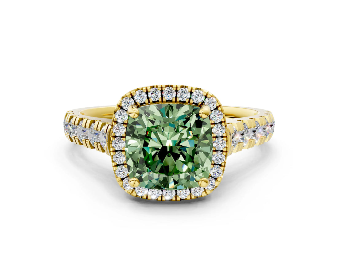 Yellow gold Fancy Green Cushion  Halo Pavé Diamond Engagement Ring with Four-Prong Setting_26