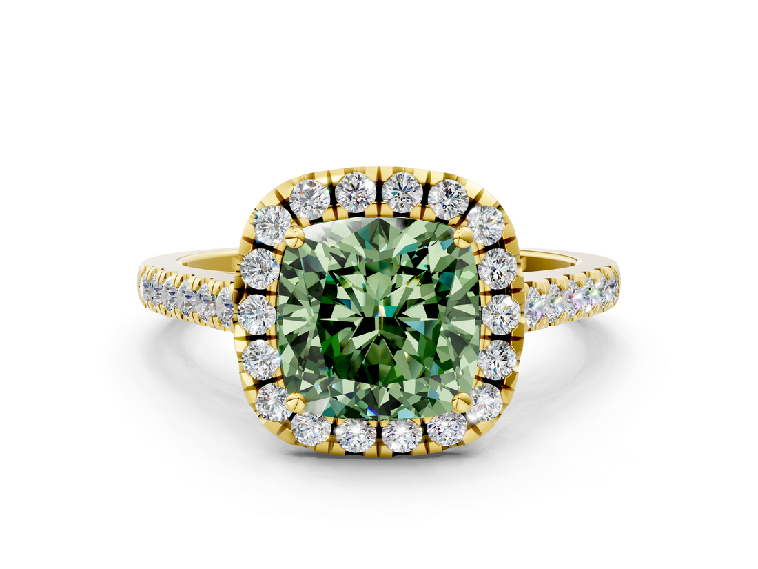 Yellow gold Fancy Green Cushion  Halo Pavé Diamond Engagement Ring with Four-Prong Setting_3