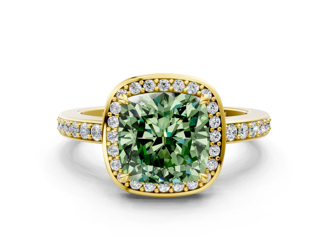 Yellow gold Fancy Green Cushion  Halo Pave Band Solitaire Ring with Prong Setting_65