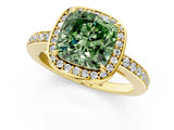 Yellow gold Fancy Green Cushion  Halo Pave Band Solitaire Ring with Prong Setting_66