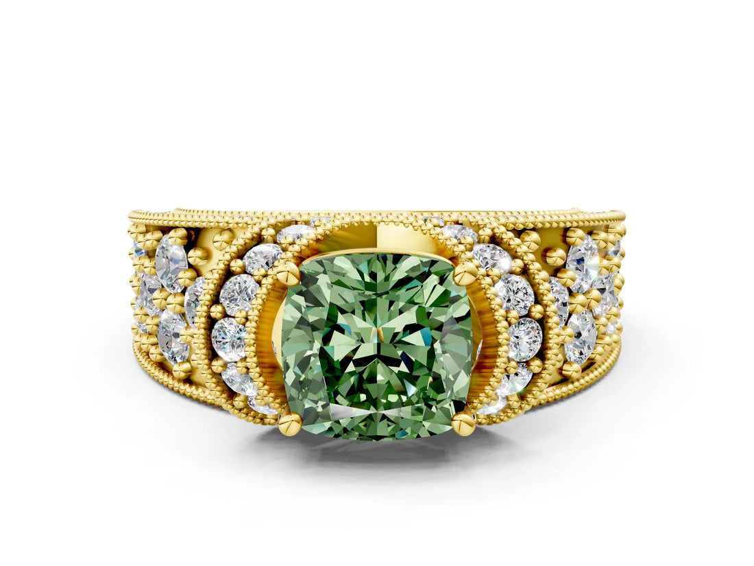 Yellow gold Fancy Green Cushion  Halo Pave Diamond Engagement Ring with Milgrain Detailing_49