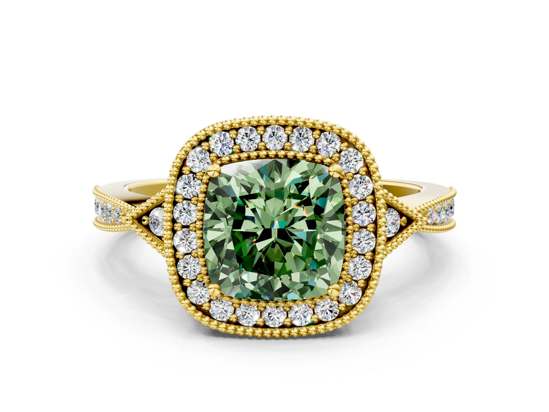 Yellow gold Fancy Green Cushion  Halo Round Diamond Milgrain Pave Engagement Ring_3