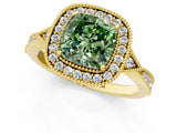 Yellow gold Fancy Green Cushion  Halo Round Diamond Milgrain Pave Engagement Ring_4