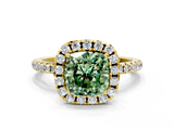 Yellow gold Fancy Green Cushion  Halo Round Diamond Pavé Band Four-Prong Ring_3