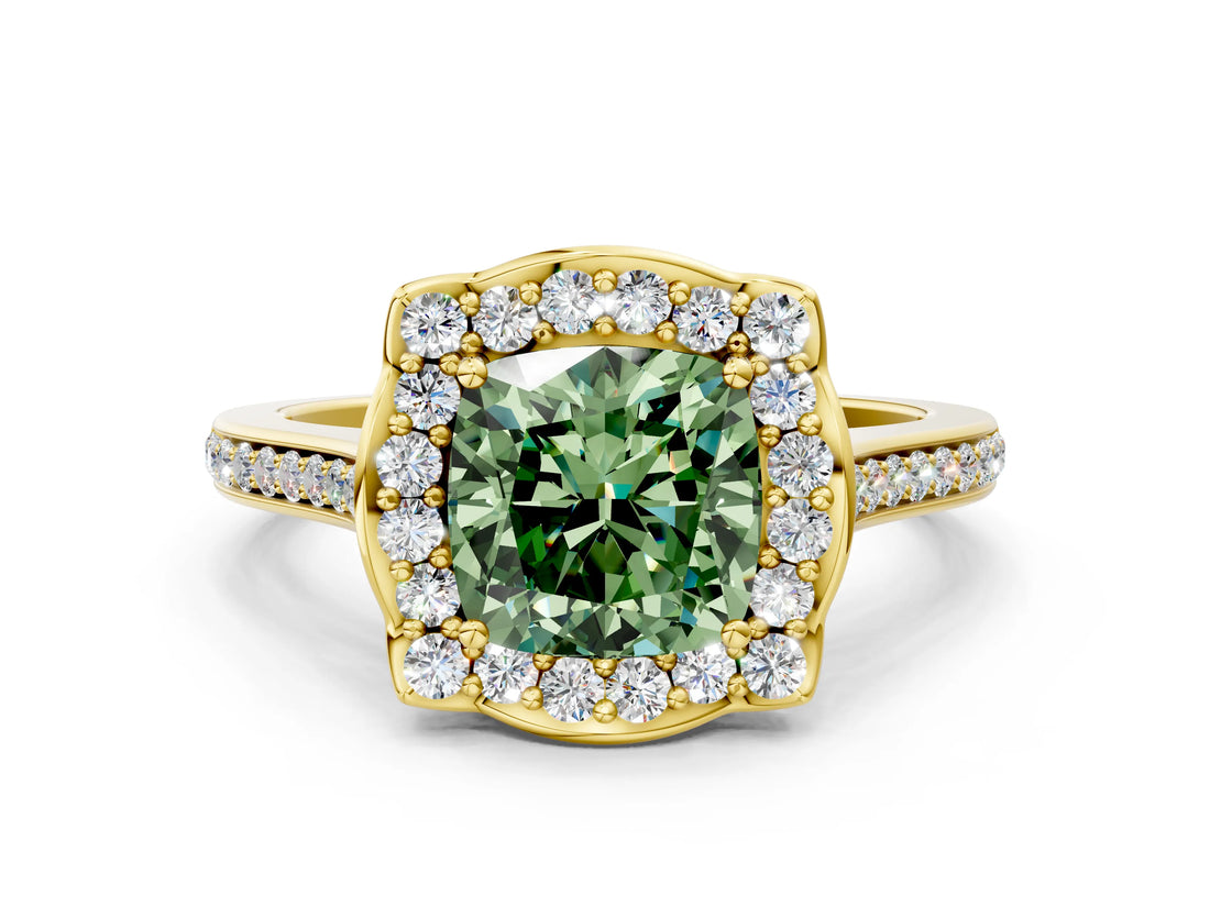 Yellow gold Fancy Green Cushion  Halo Round Diamond Pave Band with Four-Prong Setting_43