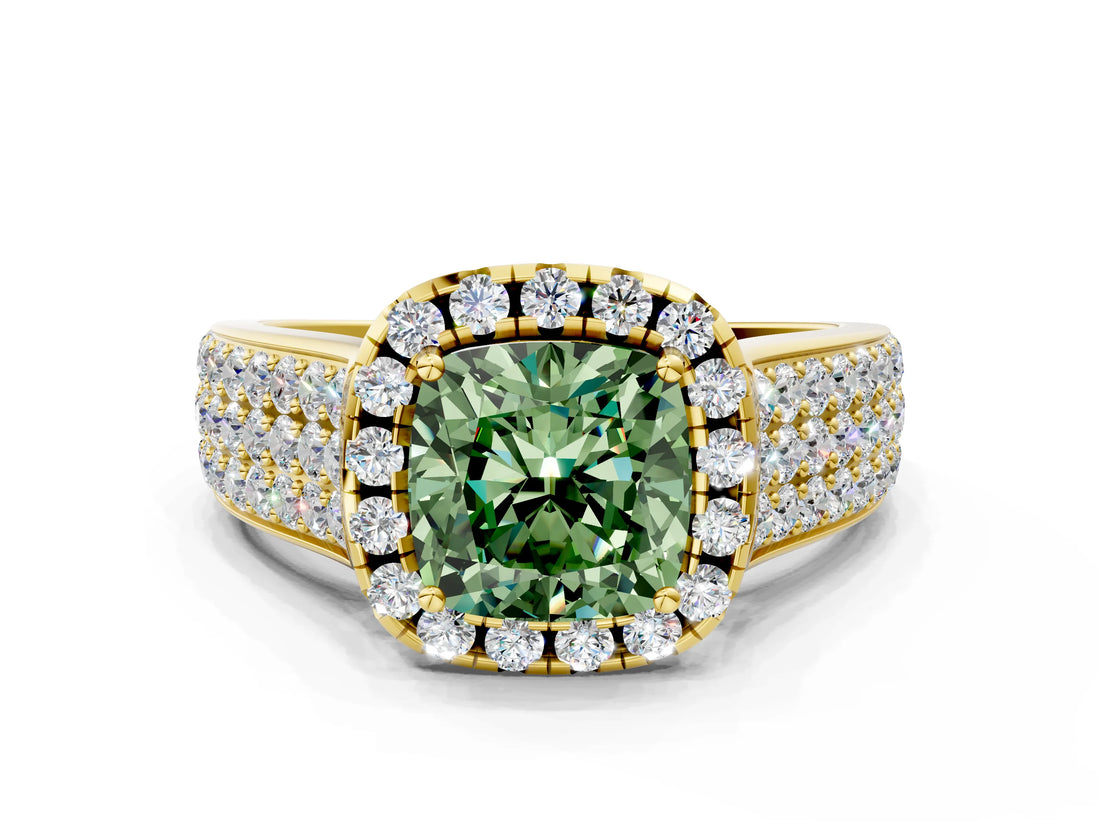 Yellow gold Fancy Green Cushion  Halo Round Diamond Pave Band with Prong Setting 1