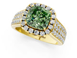 Yellow gold Fancy Green Cushion  Halo Round Diamond Pave Band with Prong Setting 2