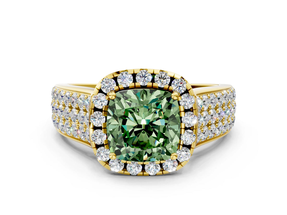 Yellow gold Fancy Green Cushion  Halo Round Diamond Pave Band with Prong Setting_12
