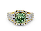 Yellow gold Fancy Green Cushion  Halo Round Diamond Pave Band with Prong Setting_12