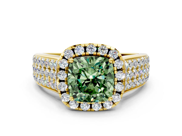 Yellow gold Fancy Green Cushion  Halo Round Diamond Pave Band with Prong Setting
