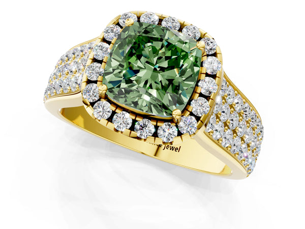 Yellow gold Fancy Green Cushion  Halo Round Diamond Pave Band with Prong Setting