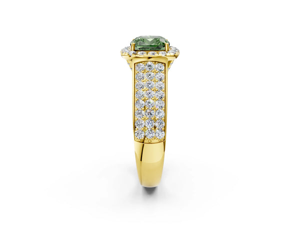 Yellow gold Fancy Green Cushion  Halo Round Diamond Pave Band with Prong Setting