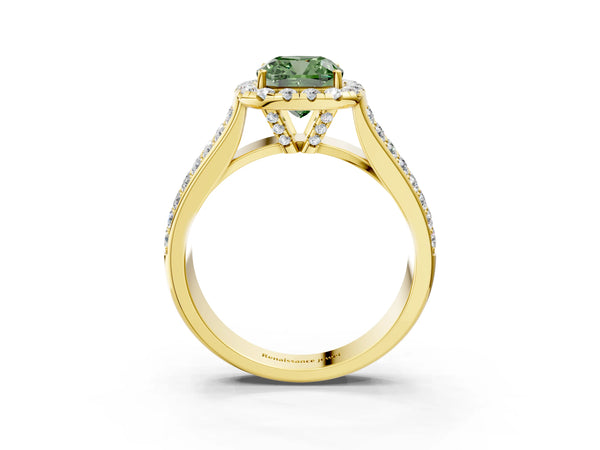 Yellow gold Fancy Green Cushion  Halo Round Diamond Pave Band with Prong Setting