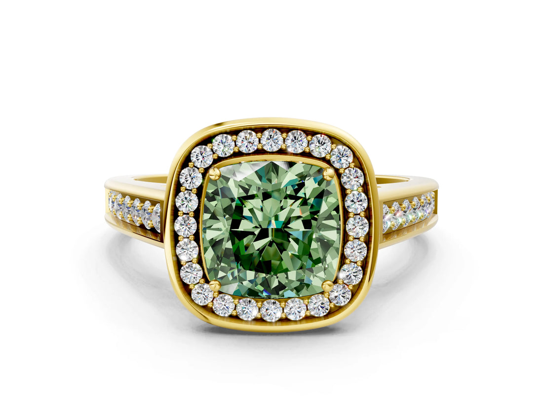 Yellow gold Fancy Green Cushion  Halo Solitaire Diamond Ring with Pave Band and Bezel Setting_49