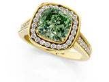 Yellow gold Fancy Green Cushion  Halo Solitaire Diamond Ring with Pave Band and Bezel Setting_50