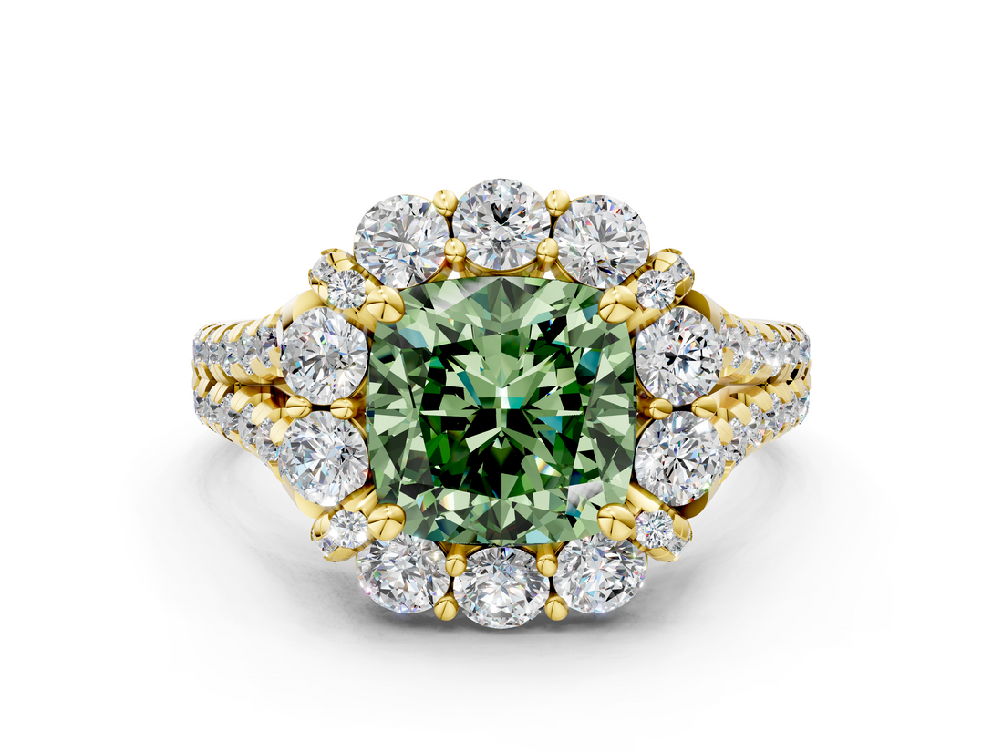 Yellow gold Fancy Green Cushion  Halo Split Shank Diamond Engagement Ring with Pave Band and Four-Prong Setting_54