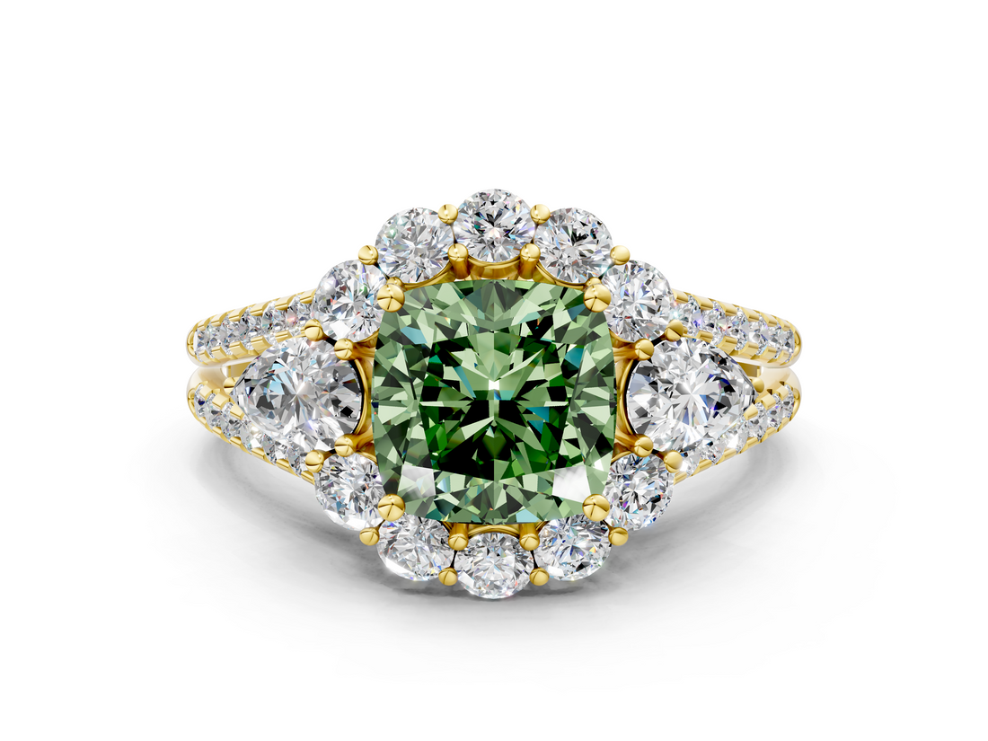 Yellow gold Fancy Green Cushion  Halo Split Shank Diamond Engagement Ring with Prong Setting_20