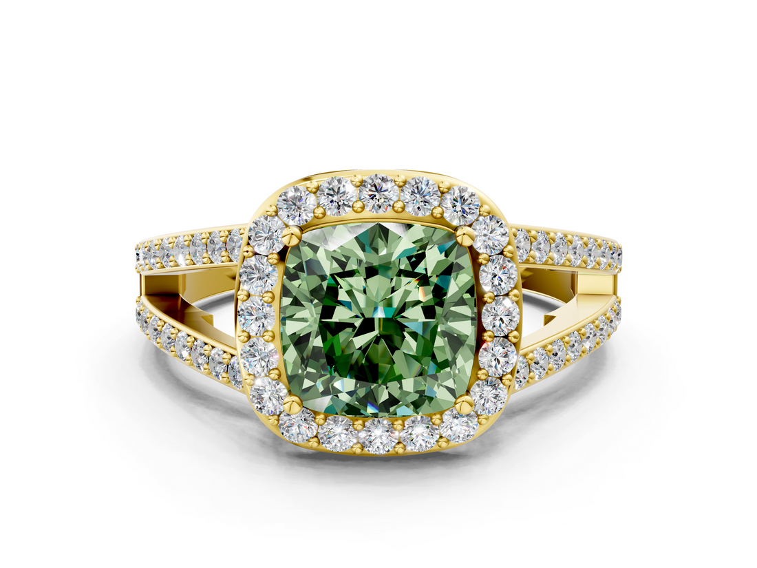 Yellow gold Fancy Green Cushion  Halo Split Shank Diamond Ring with Four-Prong Setting_32