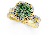 Yellow gold Fancy Green Cushion  Halo Split Shank Diamond Ring with Pavé Setting 1