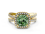 Yellow gold Fancy Green Cushion  Halo Split Shank Diamond Ring with Pavé Setting