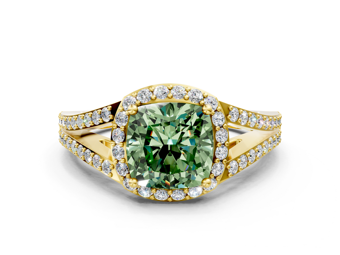Yellow gold Fancy Green Cushion  Halo Split Shank Diamond Ring with Prong Setting_19