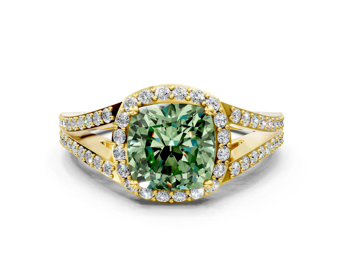 Yellow gold Fancy Green Cushion  Halo Split Shank Pave Diamond Ring with Four-Prong Setting_49