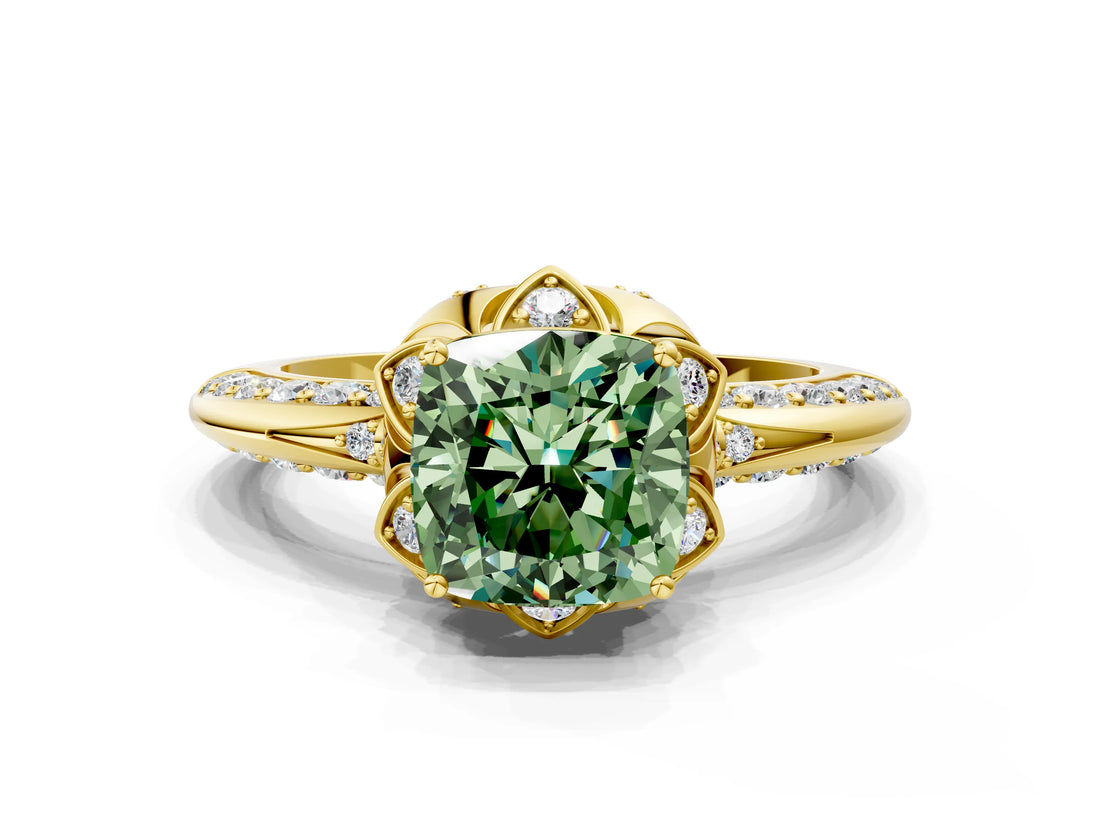 Yellow gold Fancy Green Cushion  Halo Split Shank Pave Diamond Ring with Petal Prong Setting_70