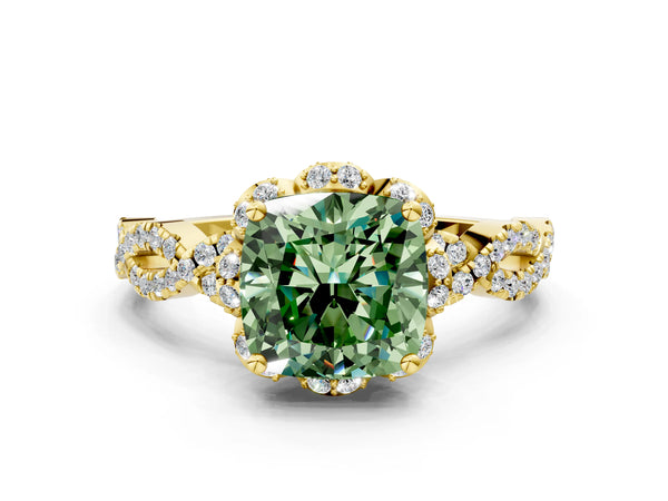 Yellow gold Fancy Green Cushion  Halo Twist Band Solitaire Ring with Six-Prong Setting
